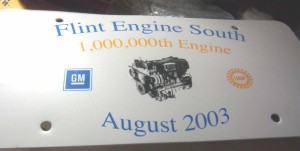 GM FLINT ENGINE SOUTH 1 MILLION ENGINE LICENSE PLATE 2003