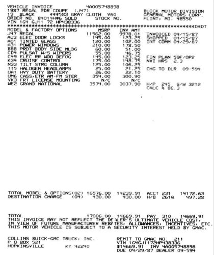 Buick Automobile Documentation (Dealer Invoice & Window Sticker ...