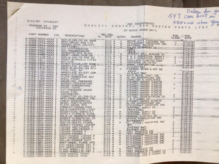 ASC QC BOM Buick GNX Master Parts List
