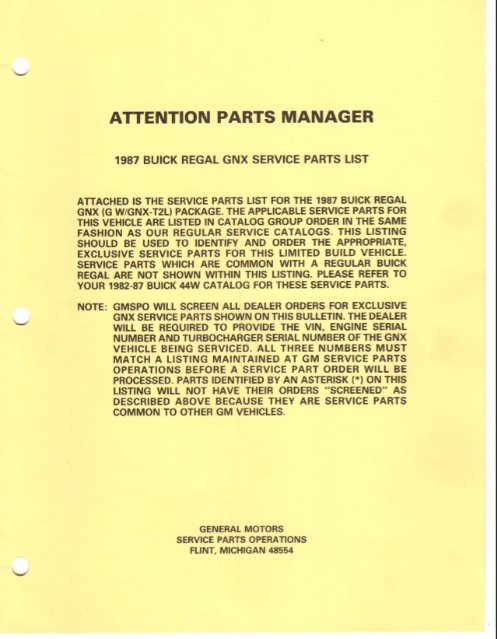 1987 Buick Regal GNX Service Parts List